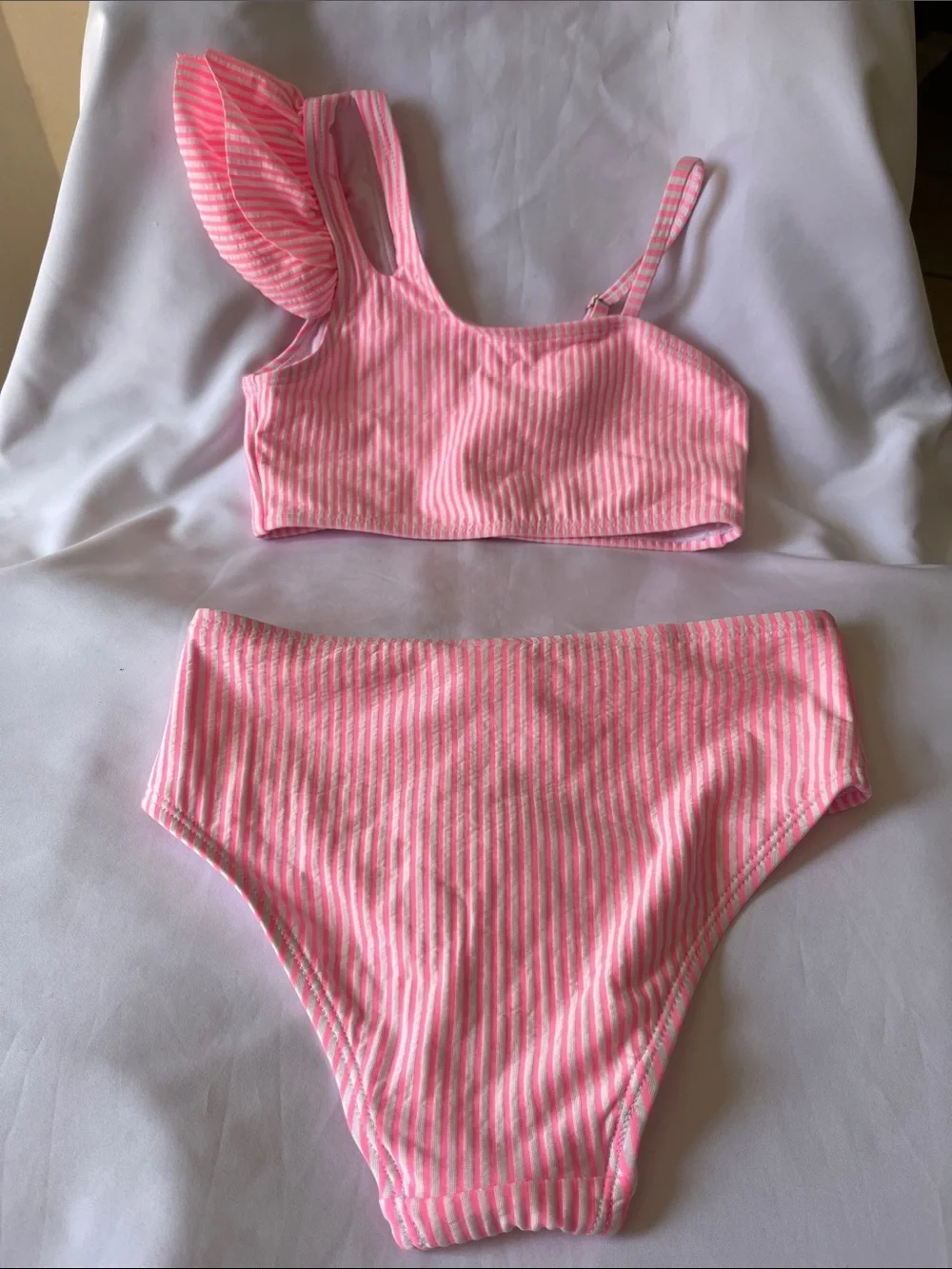 Pink Striped One-Shoulder Bikini Set